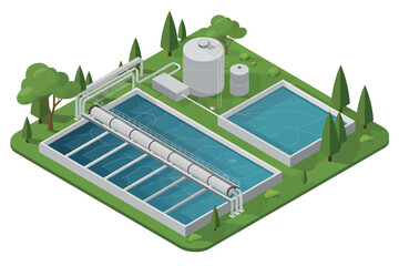 Modern sustainable water treatment plant with solar panels and greenery isometric view