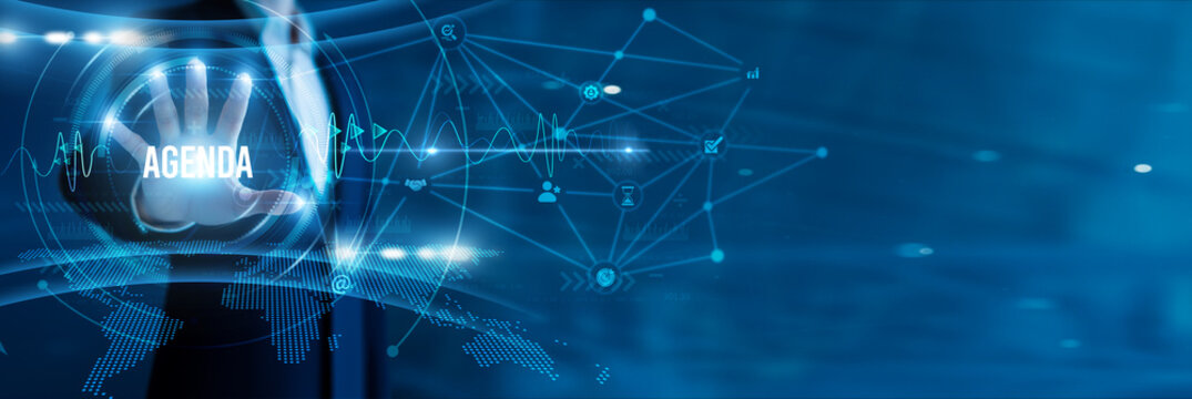 Businessman hand hold text agenda, corporate planning, organizational strategy, task prioritization, meeting alignment, long-term objectives, structured workflow for business growth.