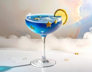 Magical blue cocktail with star-shaped garnishes and lemon slice, evoking a celestial celebration.