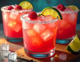 Refreshing raspberry lime cocktails with ice and sugar rim, perfect for summer celebration.