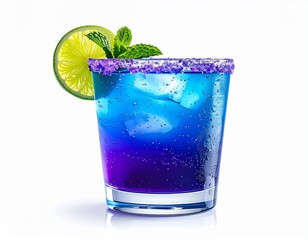 Vibrant blue and purple cocktail garnished with lime and mint, perfect for summer refreshment.