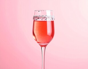 Festive glass of rose champagne with sparkling rim, ready for celebration