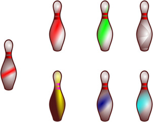 png format of collection of seven colorful bowling pins, each uniquely decorated with different color patterns, arranged on a plain white background; playful sports-themed illustration.