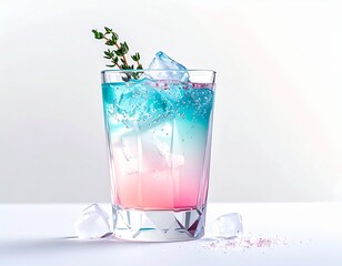 Refreshing layered cocktail with ice and herb garnish, perfect for a summer celebration.