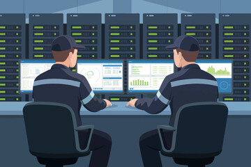 Two security personnel monitor multiple servers in a command center technology surveillance