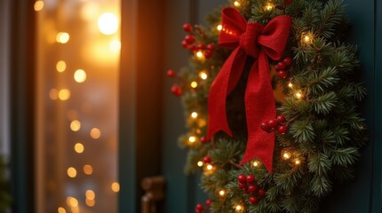 Holiday doorway wreath at golden hour, warm lights and red berries
