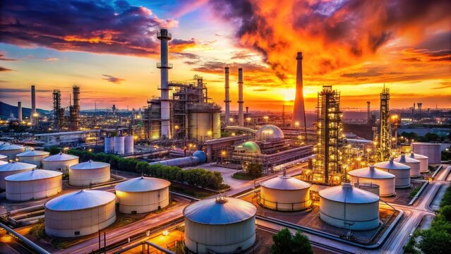 Stunning industrial refinery glows at sunset with vibrant orange skies and modern architecture for energy production needs - Powered by Adobe