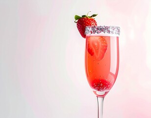 Sparkling pink cocktail with fresh strawberry garnish and sugar rim, perfect for celebrations.