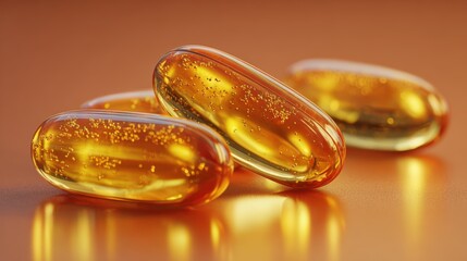 Macro Shot of Transparent Omega-3 Capsules in Warm Golden Light