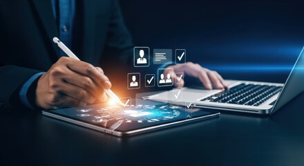 Human Resources management professional using technology for recruitment process and staffing