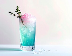 Refreshing blue cocktail with crushed ice and herb garnish on a bright, clean surface