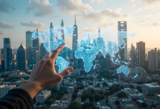 hand touching holographic world map network on urban city skyline background