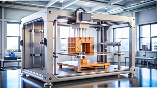 Modern 3D printer creating architectural model in a bright, contemporary workshop for innovative engineering solutions