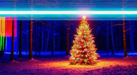 Fototapeta premium Illuminated Christmas tree in snowy forest with retro glitch effect and bright neon colors. Winter holiday season art. Christmas