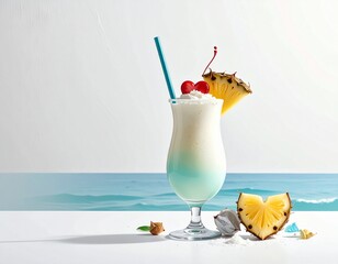 Refreshing tropical cocktail with pineapple and cherry on a bright seaside background