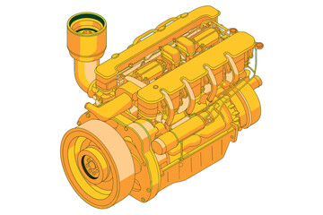 Detailed yellow internal combustion engine mechanical component for automotive and industrial applications