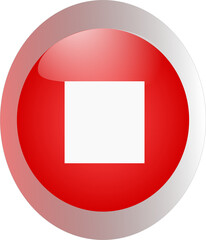 PNG  format of glossy red circular button with a white square in the center, representing a stop or pause icon for digital or web interface controls.