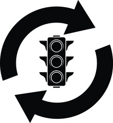 Black circular arrows with traffic light isolated on white background, representing traffic flow management and signal synchronization concept