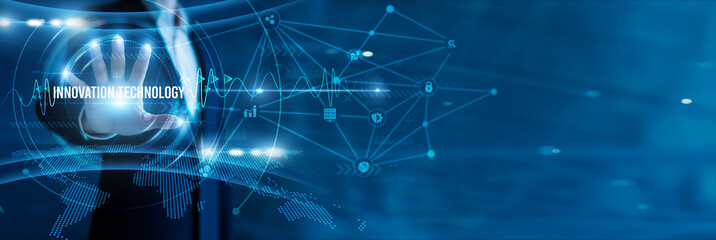 Businessman hand hold text innovation technology, disruptive solutions, digital transformation, AI-driven insights, R&D breakthroughs, smart platforms, and future-ready advancements.