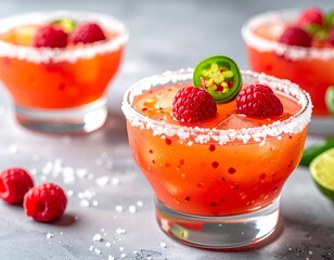 Refreshing spicy raspberry margarita garnished with fresh berries and jalapeño slices.