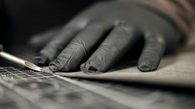 Leather craftsman cutting material with sharp blade