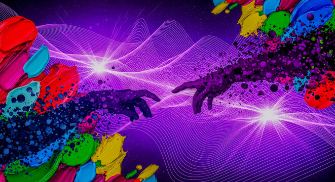 Touching hands with colorful paint brush strokes and digital wave lines. Art and technology fusion for creative design background.