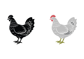 Chicken or Hen Icon Set - Detailed vector illustration of a domesticated chicken in both a black silhouette and a stylized colored graphic, perfect for farm, agriculture, and food industry designs.