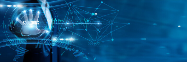 Businessman hand hold text solutions, business strategies, technology-driven results, operational...