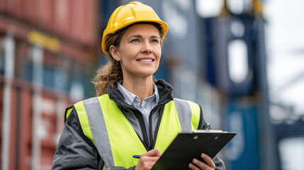 Female customs officer wearing a reflective vest and safety helmet stands beside colorful shipping containers, clipboard in hand, sunlight highlighting her focused expression, glob