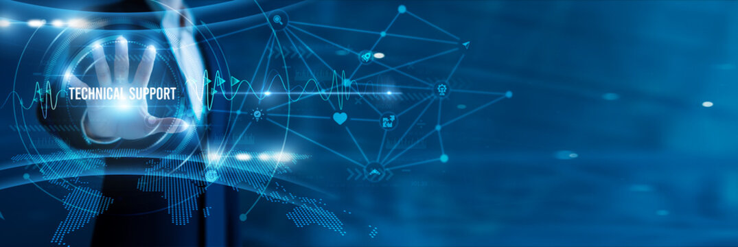 Businessman hand hold text technical support, IT troubleshooting, system maintenance, software assistance, customer guidance, remote solutions, and service reliability.