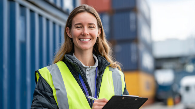 Woman port officer in a hi-vis vest smiling confidently while holding a clipboard, inspecting a large shipping container in a bright warehouse filled with stacked cargo boxes, morn