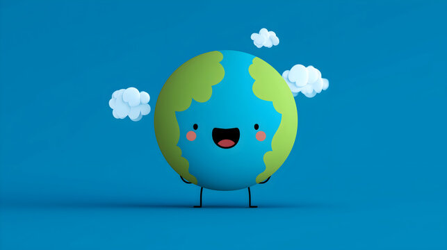 Happy globe character on a blue background surrounded by fluffy white clouds, personifying Earth with a cheerful expression. - Powered by Adobe
