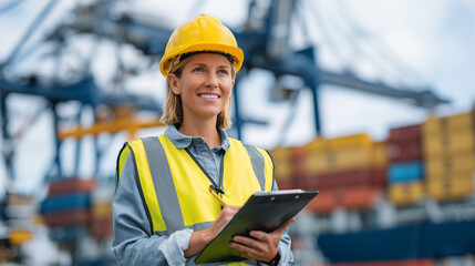 Professional female port officer wearing bright yellow vest and hard hat checks shipping manifest on clipboard beside towering containers, harbor cranes blurred in background