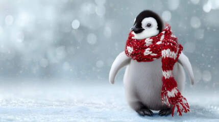 A young penguin chick stands on a snowy surface, wearing a red and white scarf to keep warm in a winter wonderland.