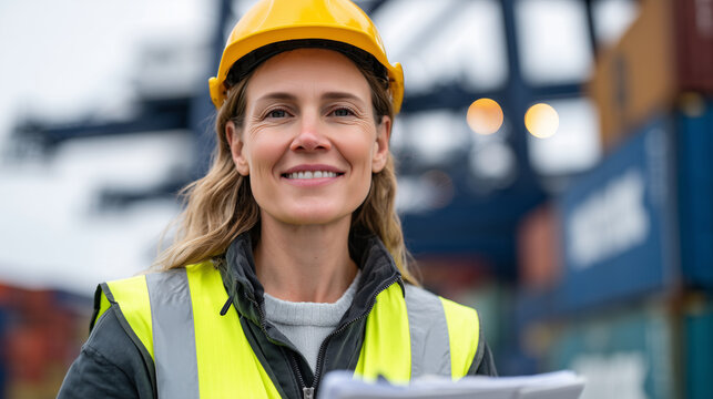Female logistics worker wearing high-visibility vest smiles while verifying cargo documentation, surrounded by large containers and warehouse lights, cinematic depth of field