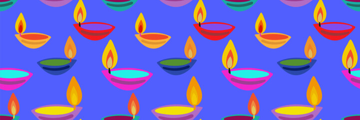 diwali seamless pattern with traditional bright colorful oil lamps on a vibrant blue background repeating deepavali festival design for print and web