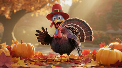 Cartoon turkey wearing a pilgrim hat standing in autumn leaves with pumpkins a festive Thanksgiving illustration