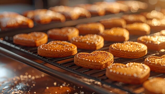 Close-up of freshly baked heart-shaped cookies cooling on a wire rack, golden brown.