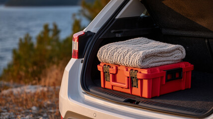 Car trunk scene illuminated by warm evening light, red first aid kit and orange blanket placed neatly with jumper cables and safety triangle, visualizing responsible driver prepare