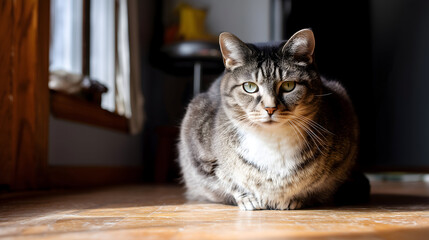 Striped cat sitting on a wooden floor in a sunbeam, with a serious expression on its face, looking directly at the viewer.