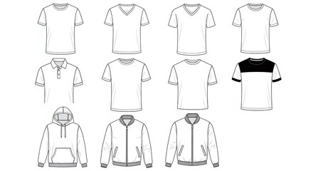 Collection of mens tops including tshirts, polo shirts, and hoodies, isolated on white