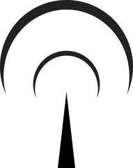 Abstract black icon resembling a radio antenna, with concentric arcs above a pointed vertical shape. Modern, minimalist design for communication or signal concepts.