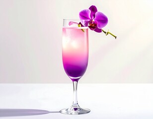 Vibrant layered cocktail adorned with a delicate purple orchid, perfect for celebrations or relaxing evenings.