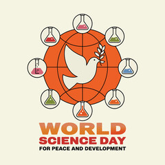 Vector art of world science day for peace and development with dove and laboratory flasks