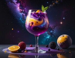 Exotic cosmic cocktail with swirling vibrant colors and fresh fruit garnish, evoking wonder and imagination.