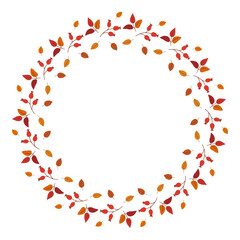 Cute autumnal circle wreath with different minimalists leaves and copy space. Flat vector illustration. Seasonal template for background, card, poster, menu, scrapbooking, invitation, cover