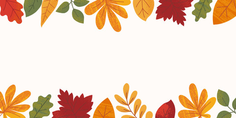 Fototapeta premium Horizontal autumnal festive background decorated different colorful leaves with grunge texture effect. White backdrop for text. Use for sale, advertising, invitation, etc.