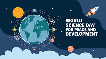 Vector art of world science day for peace and development with rocket and earth in space