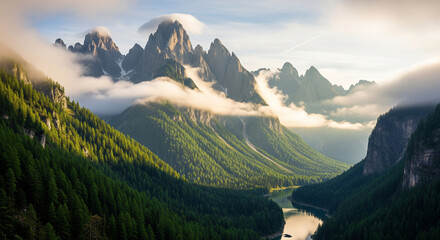 the view of a very green forest with very beautiful mountains