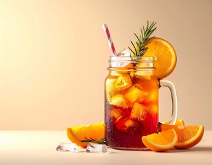 Refreshing orange cocktail with ice and rosemary garnish in a mason jar, perfect for a summer day.